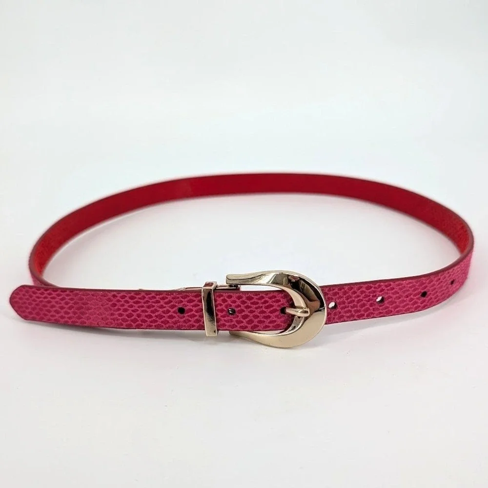 Reversible Skinny Belt Pink Red Snakeskin Embossed Gold Buckle S/M